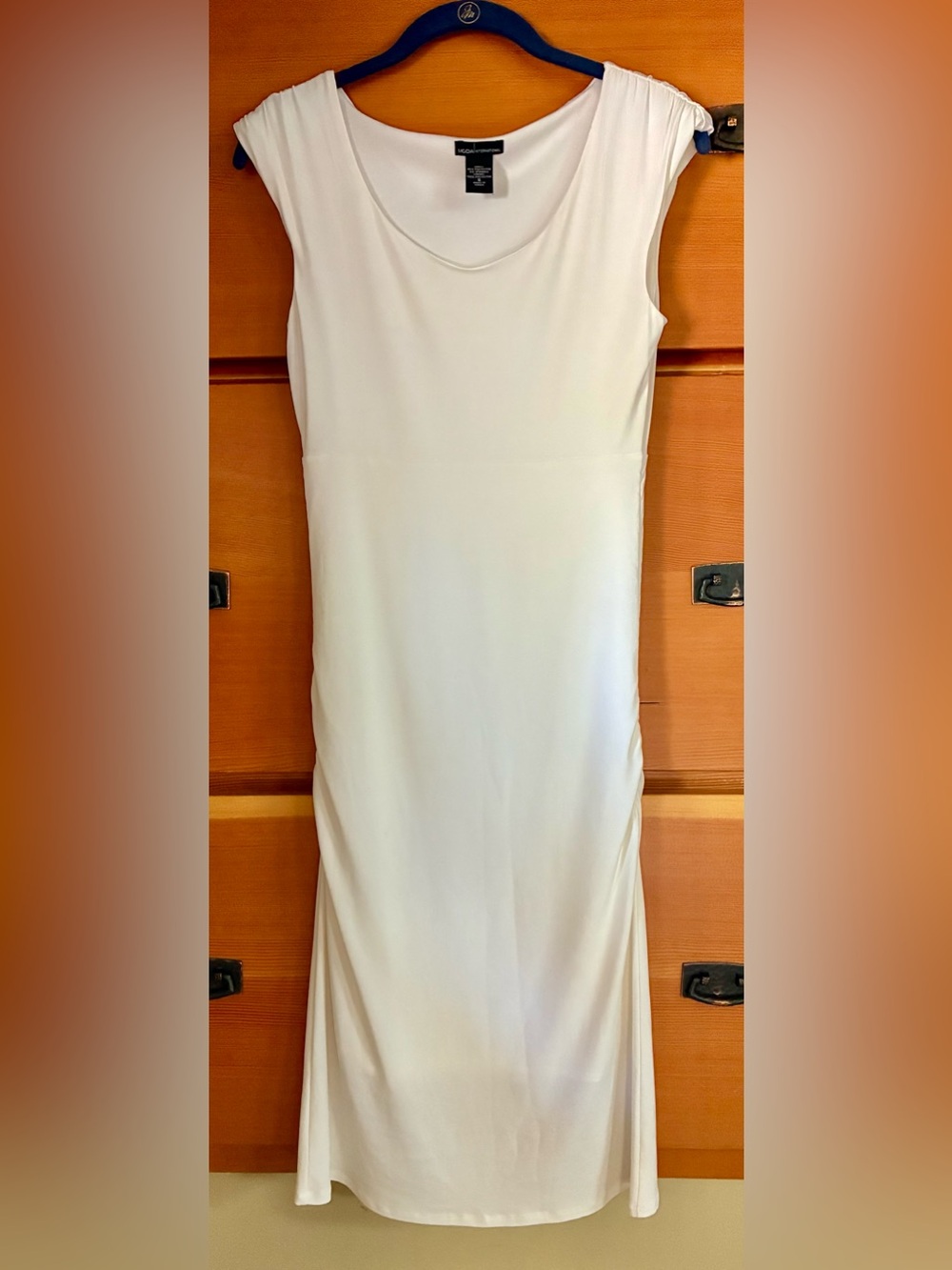 Moda International White Ruched Sheath Dress Small Minimalist Midi Stretch